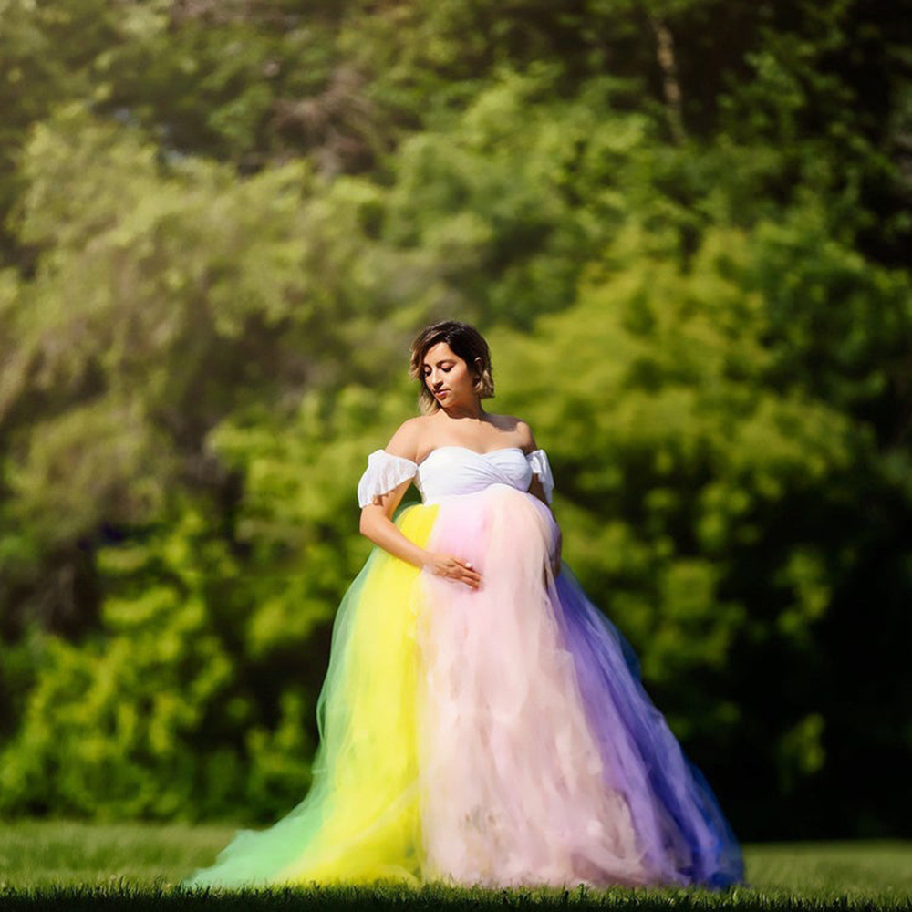 Maternity Wear - فستان ماكسي للحوامل بأكمام قصيرة مزين